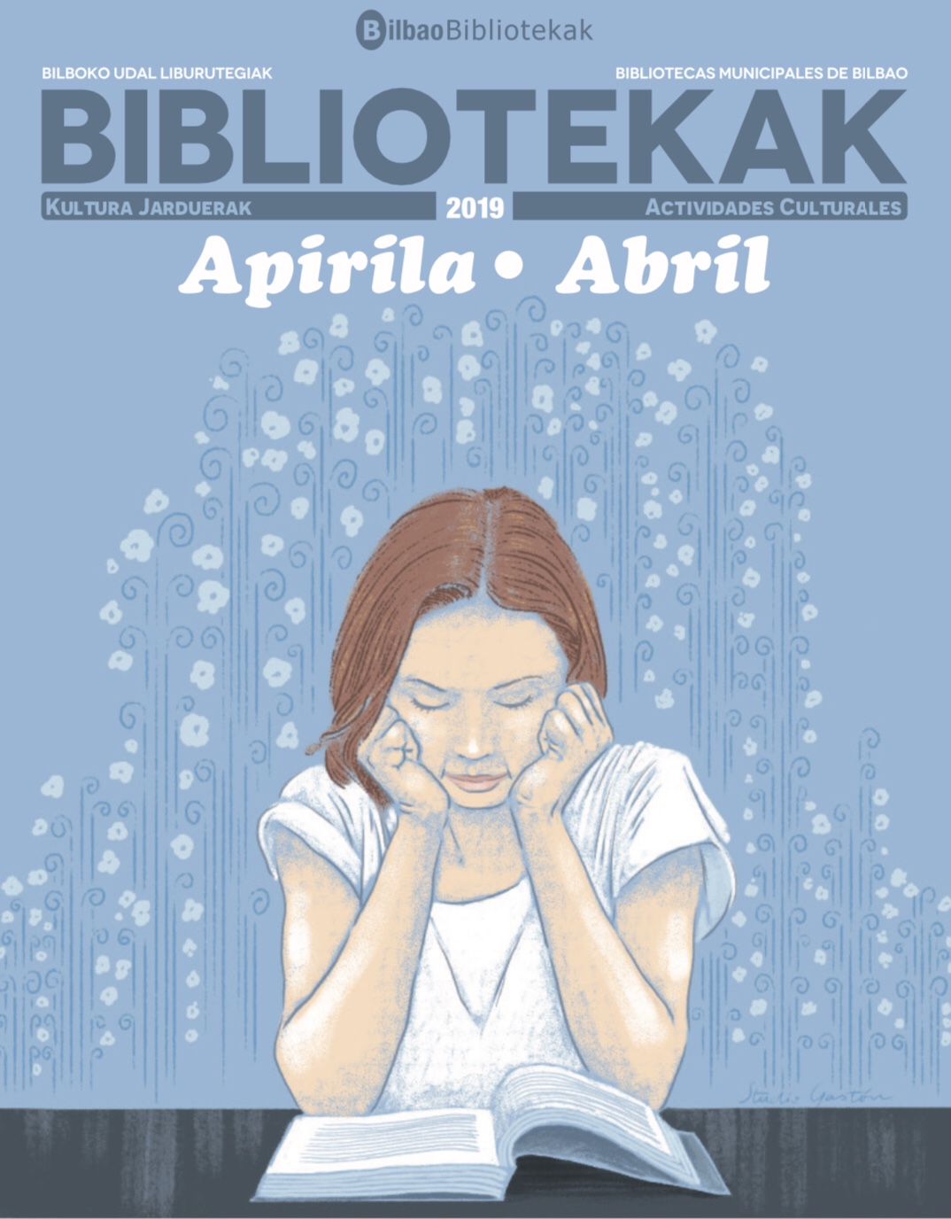 Portada de abril del calendario cultural mensual de las Bibliotecas Municipales de Bilbao.